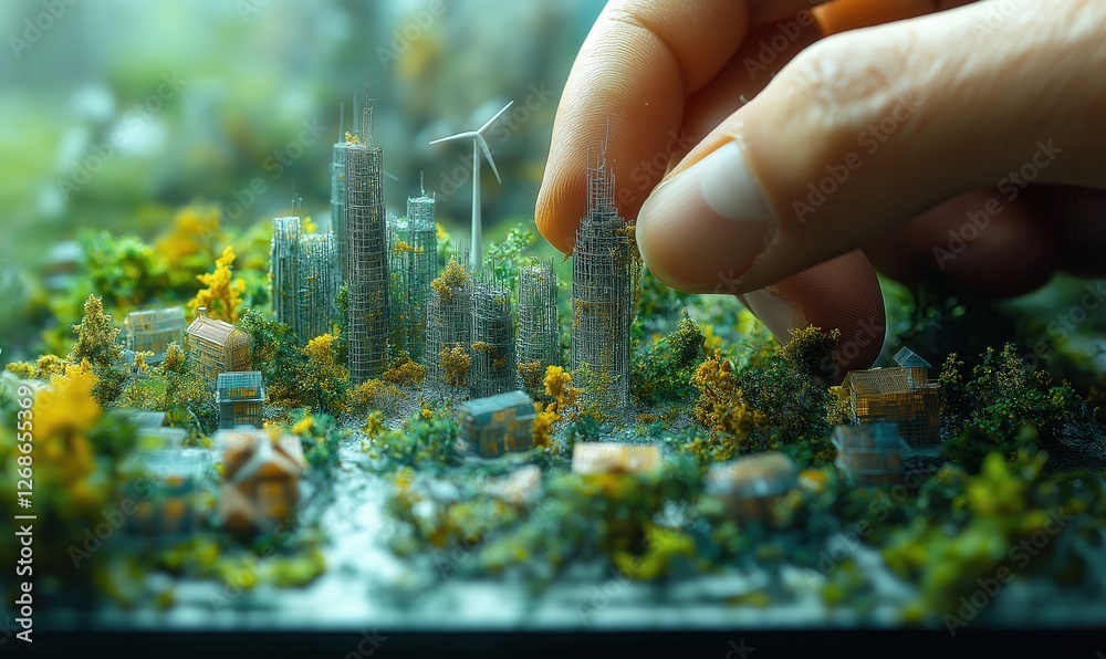 Fototapeta premium Hands making a miniature model of a cityscape with wind turbines, green energy.