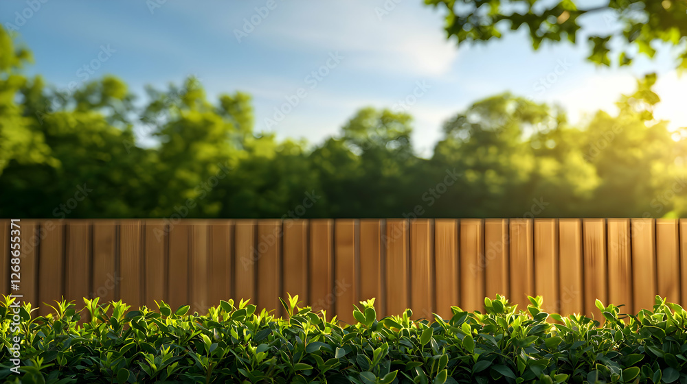 Fototapeta premium Wooden Fence and Green Hedge in a Sunny Garden