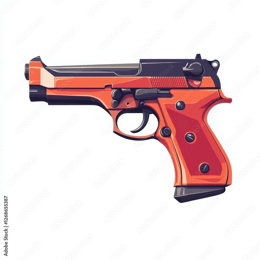 Flat design vector illustration of a handgun with red and black trigger isolated on white background Flat design vector illustration of a handgun with red and black trigger isolated on white background