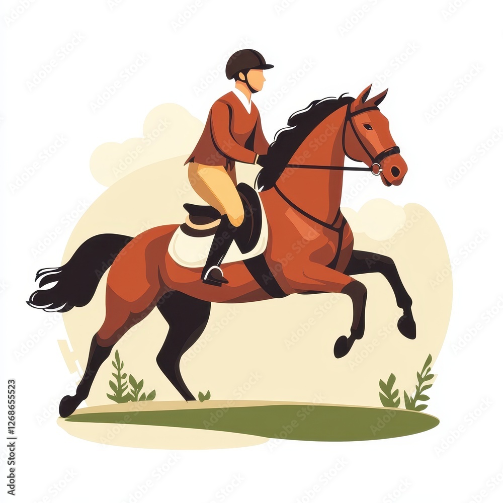Horse and rider in a field with vector horse riding flat design icon on white background Horse and rider in a field with vector horse riding flat design icon on white background