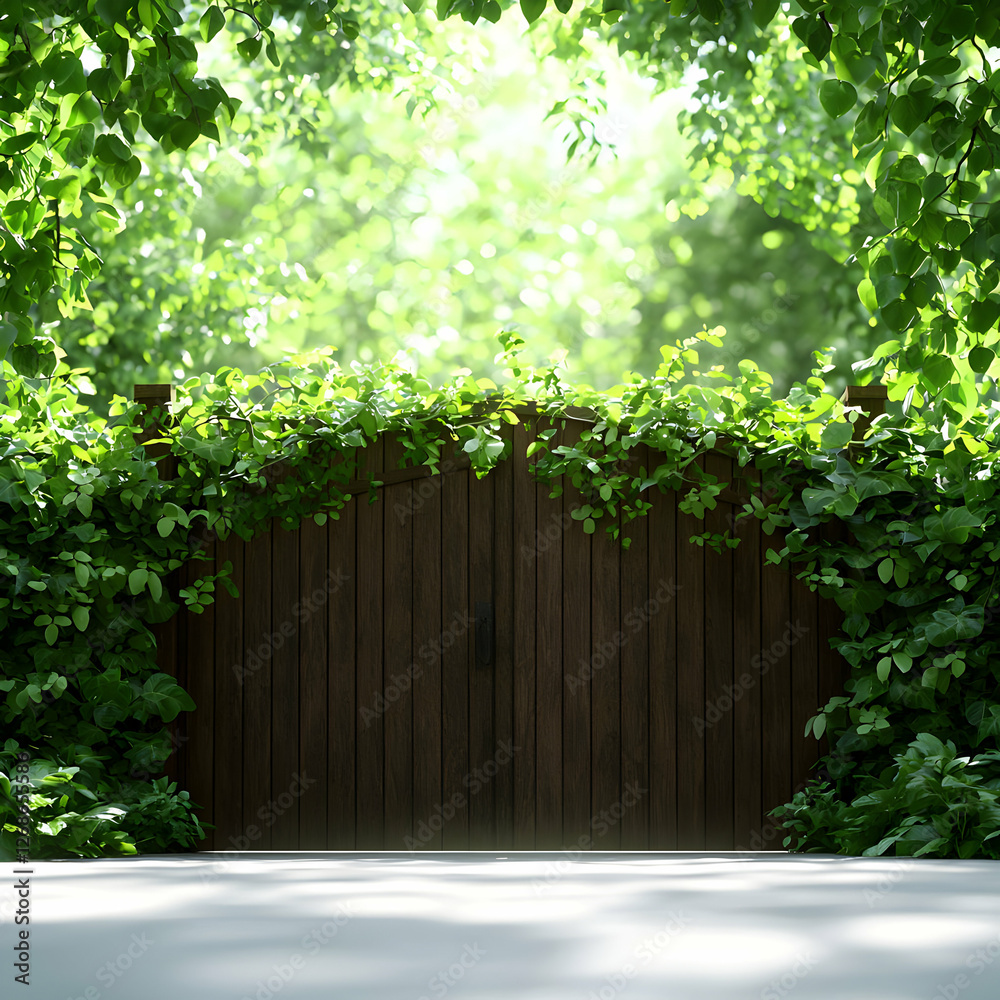 Fototapeta premium Wooden Gate Overgrown with Green Ivy in a Sunlit Garden