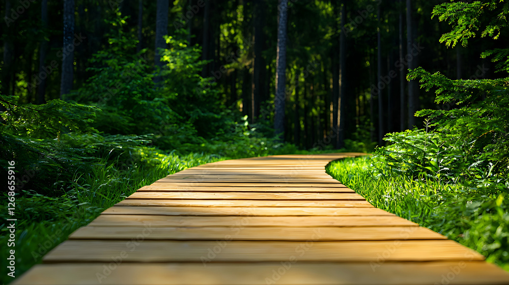 Obraz premium Wooden Path Through a Sunlit Green Forest