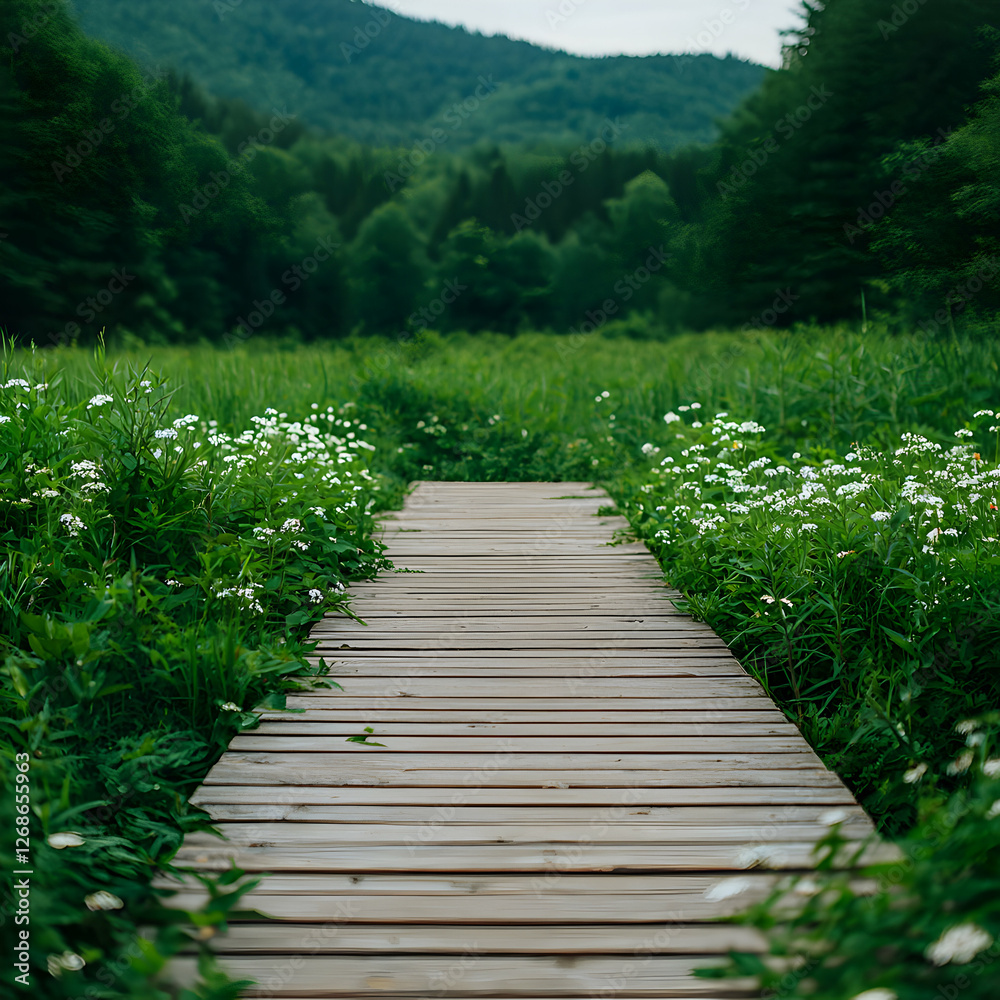 Fototapeta premium Wooden Path Through a Flowery Meadow