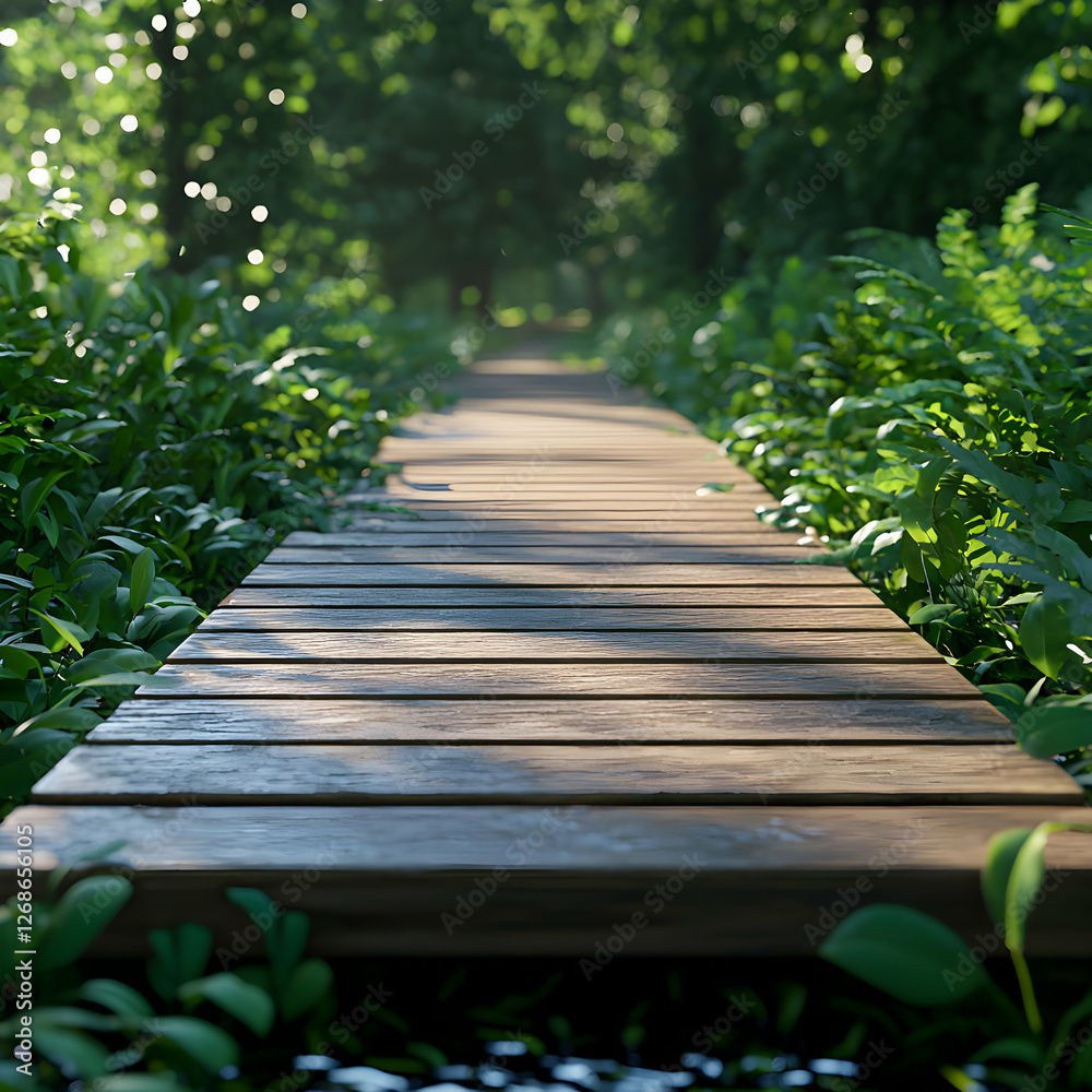 Wooden Path Through Lush Green Forest in Sunlight Wooden Path Through Lush Green Forest in Sunlight