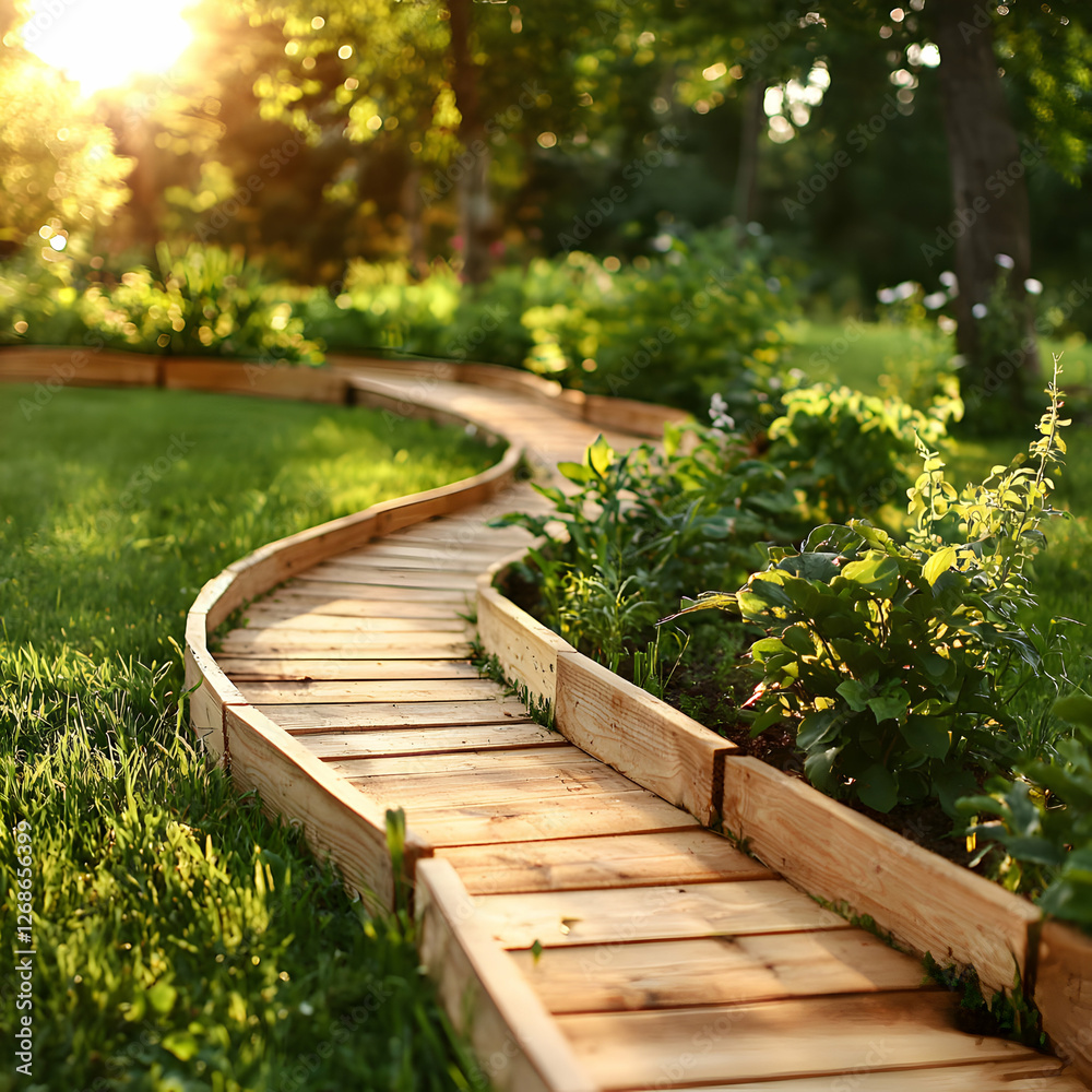 Wooden Pathway Winding Through a Lush Green Garden in Sunlight Wooden Pathway Winding Through a Lush Green Garden in Sunlight