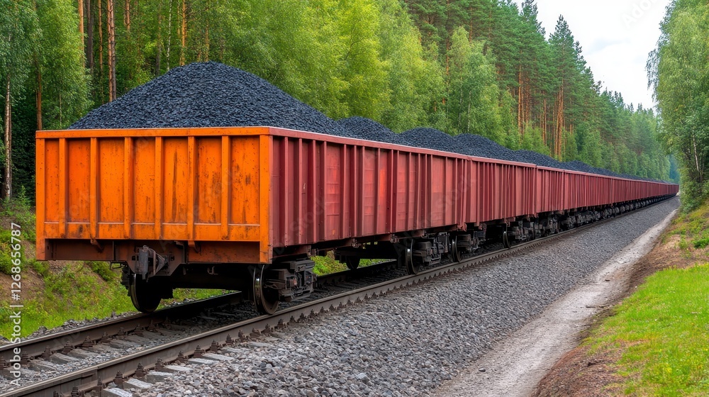 A long train, filled with a dark load, travels along a railway track cutting through a forest. The orange train cars contrast the surrounding vibrant A long train, filled with a dark load, travels along a railway track cutting through a forest. The orange train cars contrast the surrounding vibrant