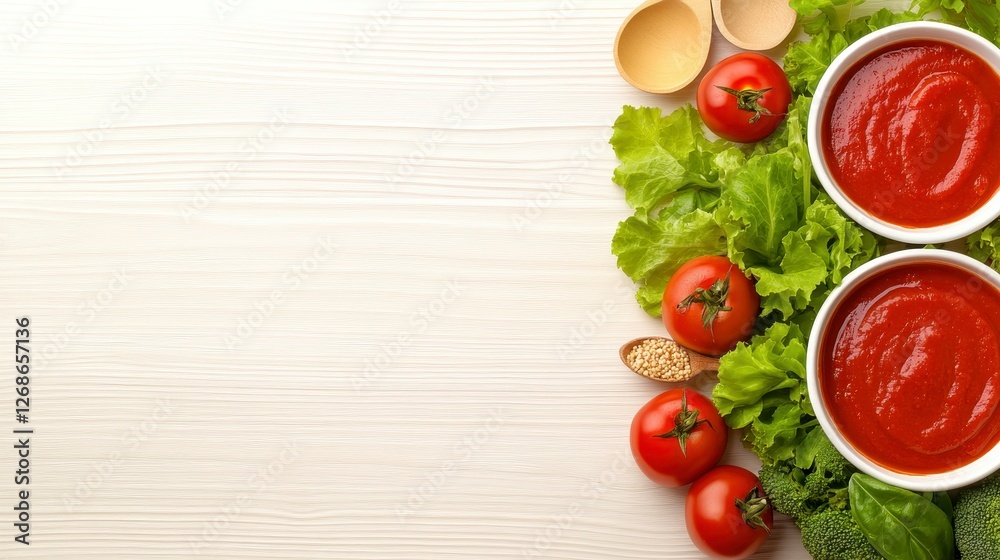 Overhead view of fresh salad greens, ripe tomatoes, and bowls of vibrant red sauce arranged on a rustic white wooden surface. Utensils are also part