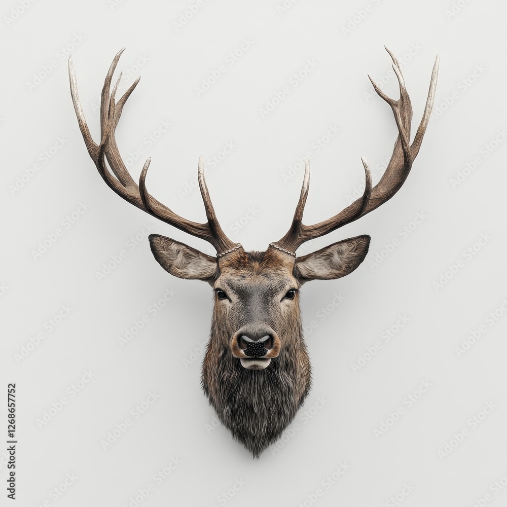 Deer head trophy mounted on wall with realistic details isolated on white background for decor and design Deer head trophy mounted on wall with realistic details isolated on white background for decor and design