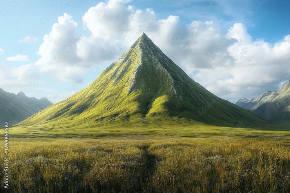 Fototapeta premium Majestic green mountain rises under a bright blue sky with fluffy clouds