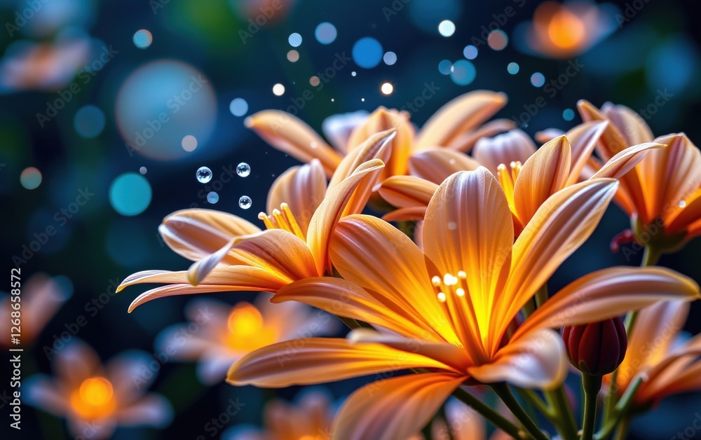Fototapeta premium A stunning close-up of vibrant, glowing flowers in full bloom, illuminated with soft golden light.