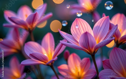 A stunning close-up of vibrant, glowing flowers in full bloom, illuminated with soft golden light.