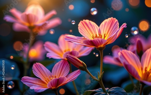 A stunning close-up of vibrant, glowing flowers in full bloom, illuminated with soft golden light.