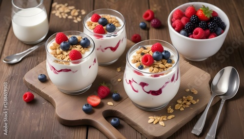 yogurt with muesli and berries on a wooden table