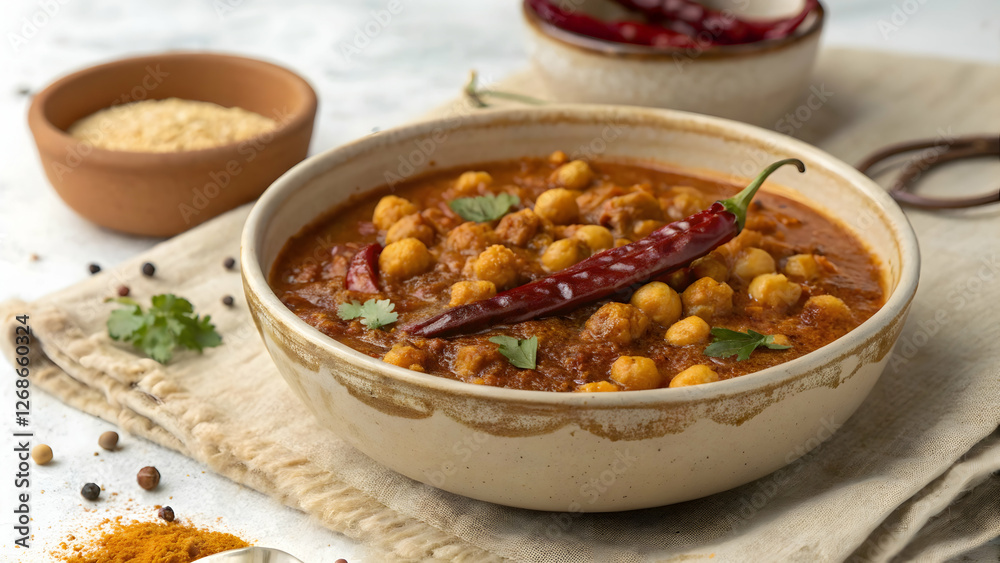 Delicious Chickpea Curry with Red Chili and Fresh Herbs in Ceramic Bowl Delicious Chickpea Curry with Red Chili and Fresh Herbs in Ceramic Bowl