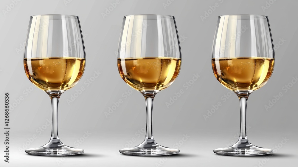 Three Golden White Wine Glasses In A Row On A Grey Background