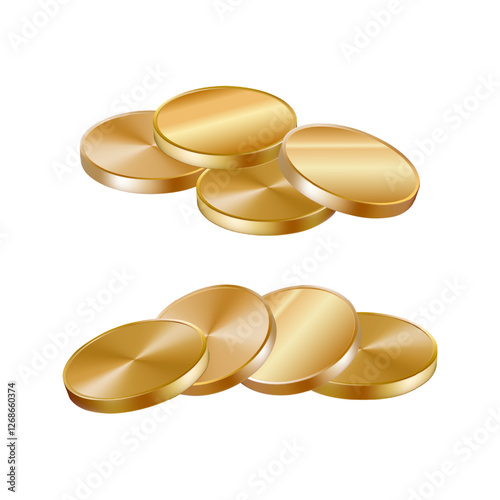 Golden coins small pile. 3d medal stack drop vector render icon. Falling cash stack currency change. Casino game chips loan. Premium loan icon emoji. Money mountain bunch isolated. Realistic finance