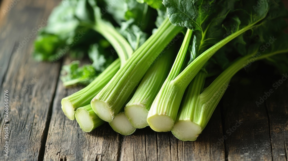 fresh green chard stalks on rustic wooden table fresh green chard stalks on rustic wooden table