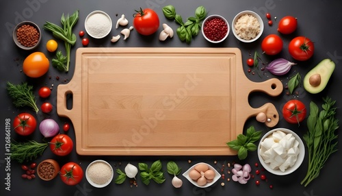 Composition with cutting board and ingredients for cooking on table. Top view with copy space