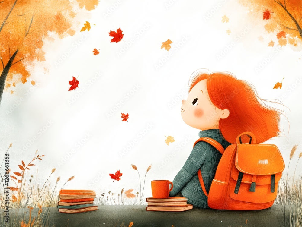 Fototapeta premium A cheerful girl with red hair sits against a backdrop of autumn leaves and books, enjoying her warm drink, This image is perfect for themes of education, fall, childhood, and leisure activities,