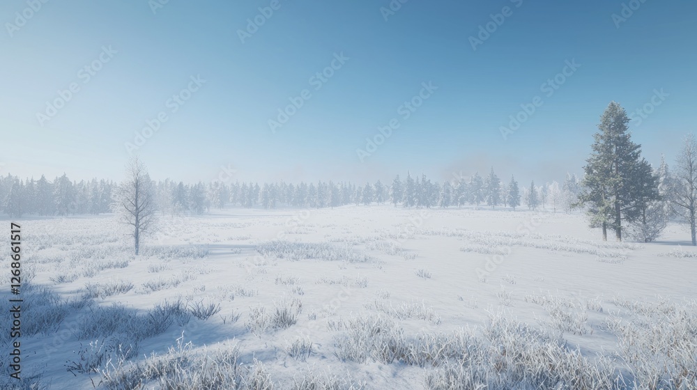 Snowy winter landscape, frosted trees, serene, vast plain Snowy winter landscape, frosted trees, serene, vast plain