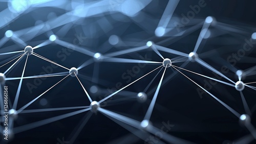 Digital network structure with glowing nodes and connections on dark background.