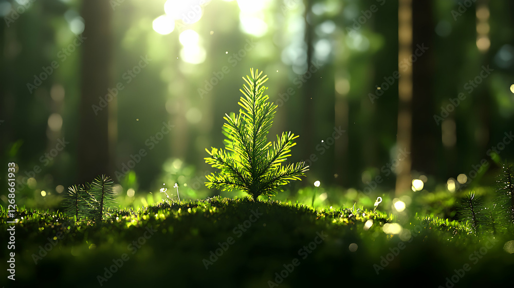 Fototapeta premium Young Green Tree Sapling in a Sunlit Forest