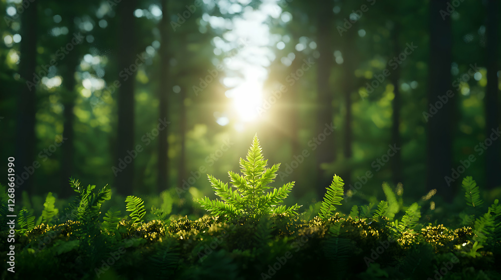Fototapeta premium Young Plant Emerging in Sunlit Forest