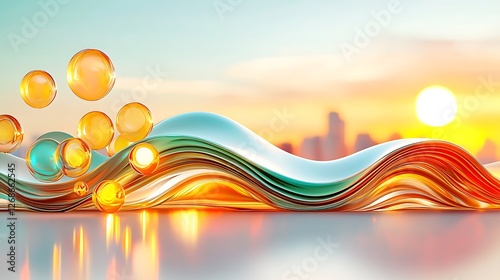 Abstract sunset cityscape waves, spheres, reflection