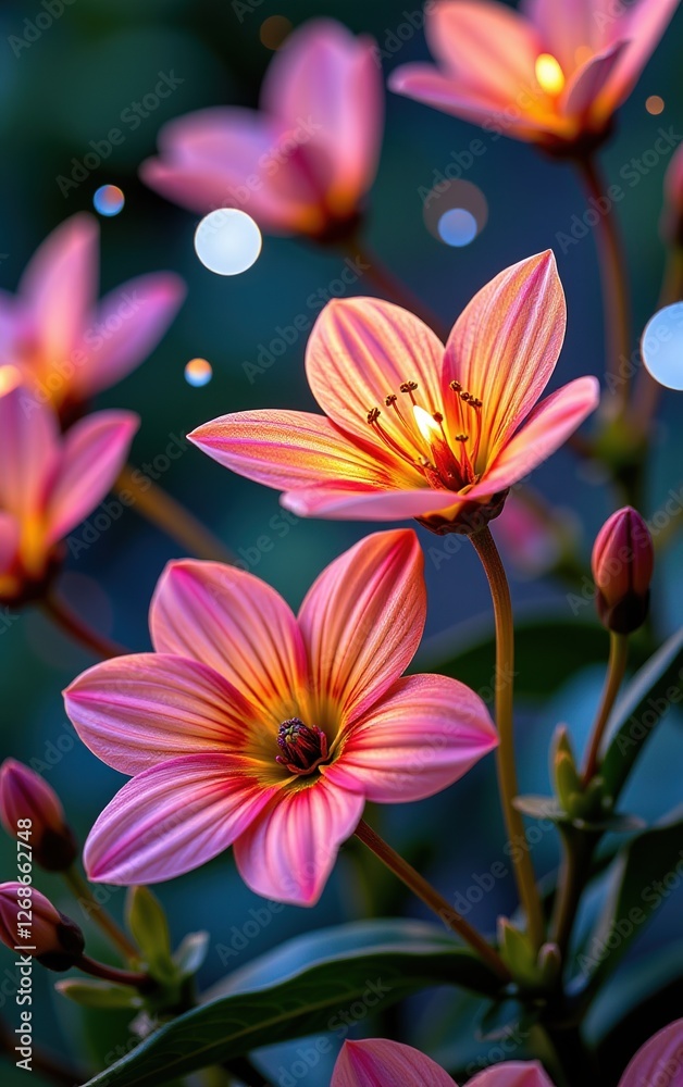 Fototapeta premium A stunning close-up of vibrant, glowing flowers in full bloom, illuminated with soft golden light.