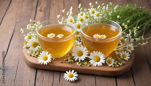 Cup of medicinal chamomile tea on a wooden