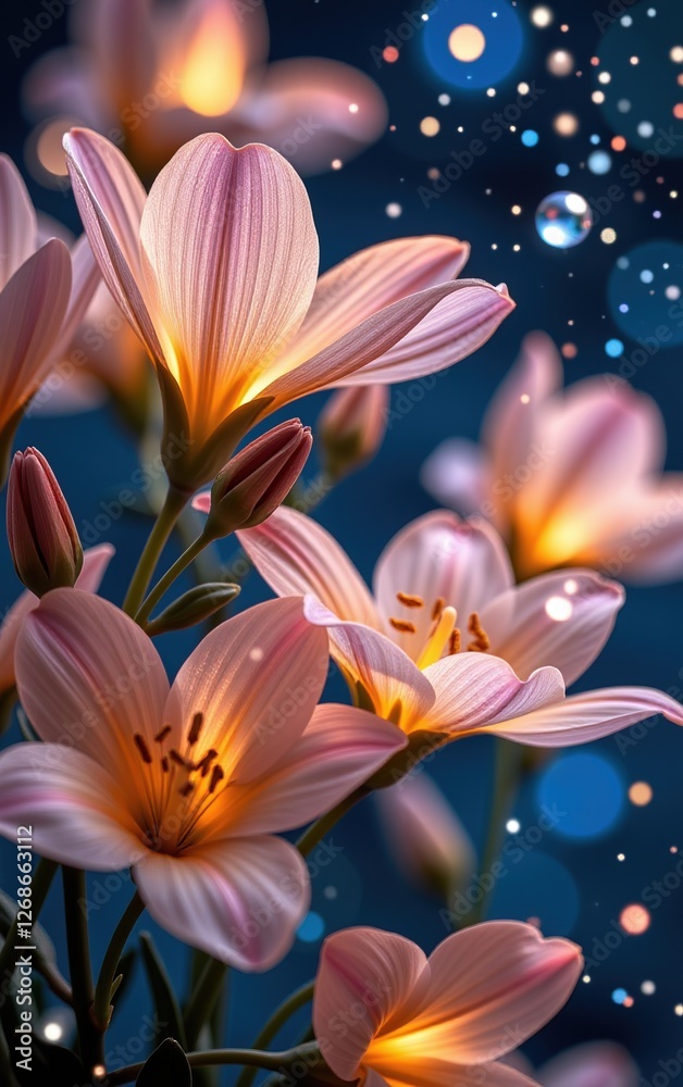 Fototapeta premium A stunning close-up of vibrant, glowing flowers in full bloom, illuminated with soft golden light.
