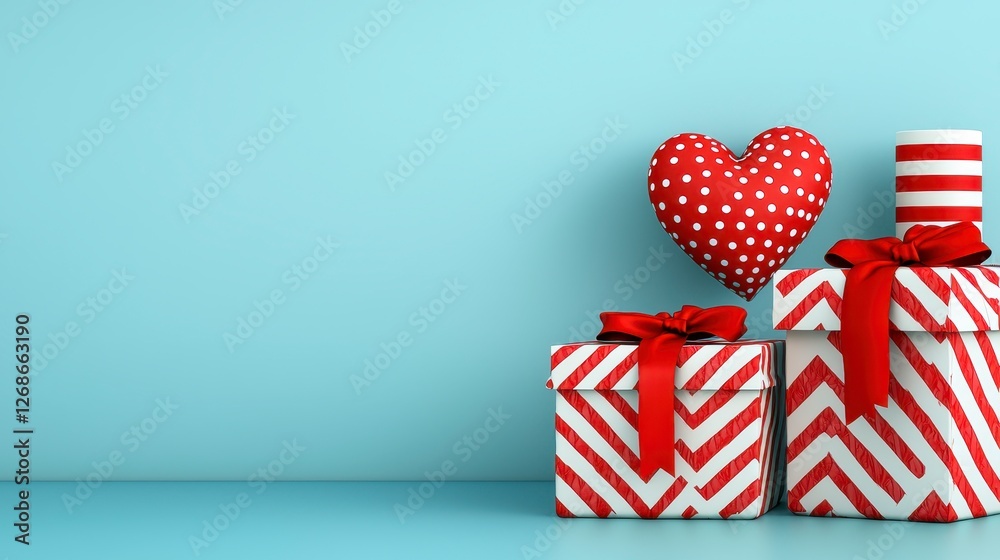 Obraz premium Red and white striped gift boxes with red ribbons and a floating dotted heart against a light blue background. Perfect for Valentine's Day or