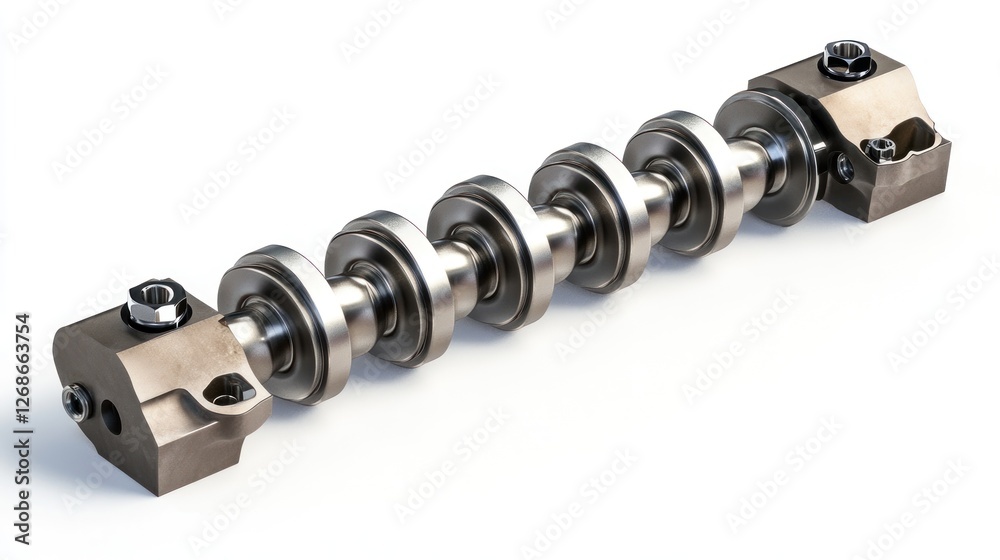 Close-up of a metallic industrial roller assembly with bearings and fasteners on a white background. Close-up of a metallic industrial roller assembly with bearings and fasteners on a white background.