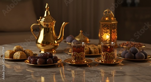 Elegant Middle Eastern Tea Setting with Dates and Sweets