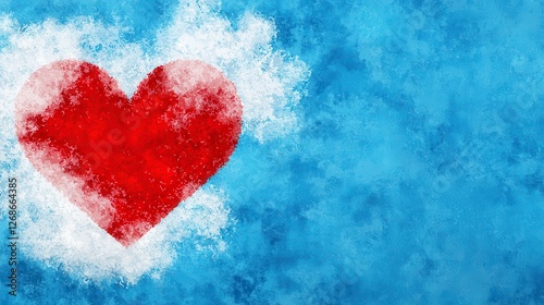 Red heart shape on a blue textured background. White cloud like effect surrounds the heart. Abstract romantic image with soft, textured elements