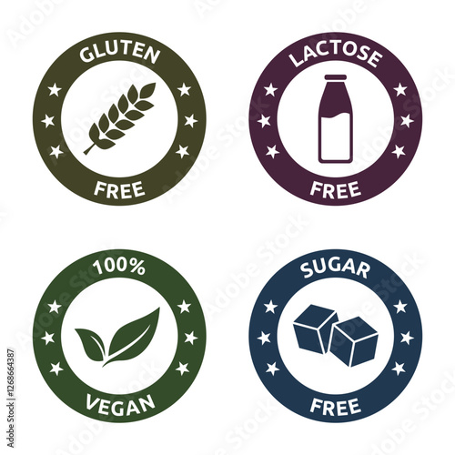 Set of vegan badges. Gluten, lactose, sugar free. Product packaging labels