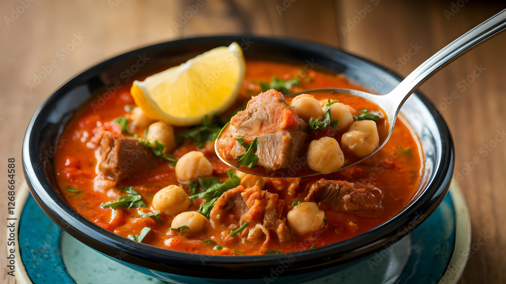 Fresh Homemade Beef and Chickpea Stew with Lemon Garnish Fresh Homemade Beef and Chickpea Stew with Lemon Garnish