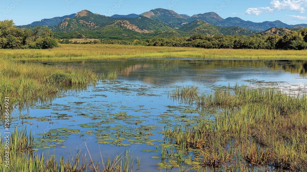 Mountain views reflect on tranquil marsh Mountain views reflect on tranquil marsh