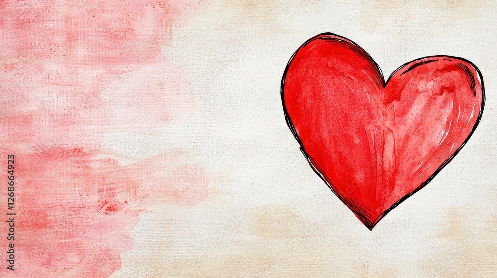 Fototapeta premium Watercolor painting of a red heart on a textured background. The heart is hand drawn with visible brushstrokes. The background features soft pink and
