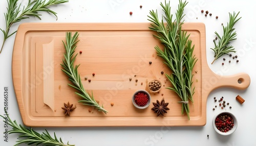 Cutting Board, rosemary and spices on white background