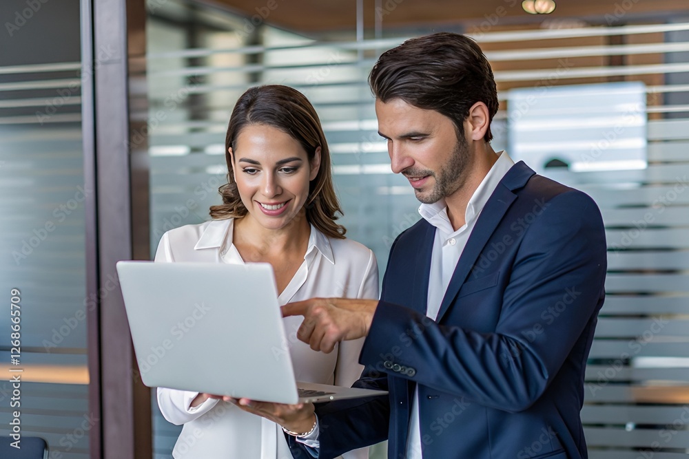 Business professionals collaborating in a modern office with a laptop Business professionals collaborating in a modern office with a laptop