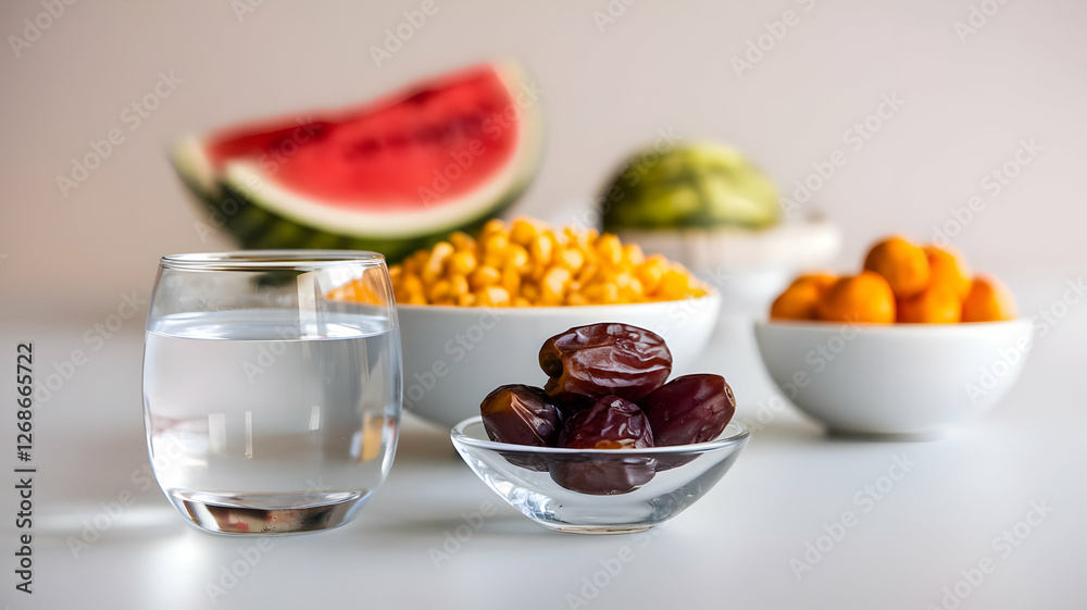 Healthy Ramadan Iftar Meal with Dates Water Fruits and Corn Healthy Ramadan Iftar Meal with Dates Water Fruits and Corn