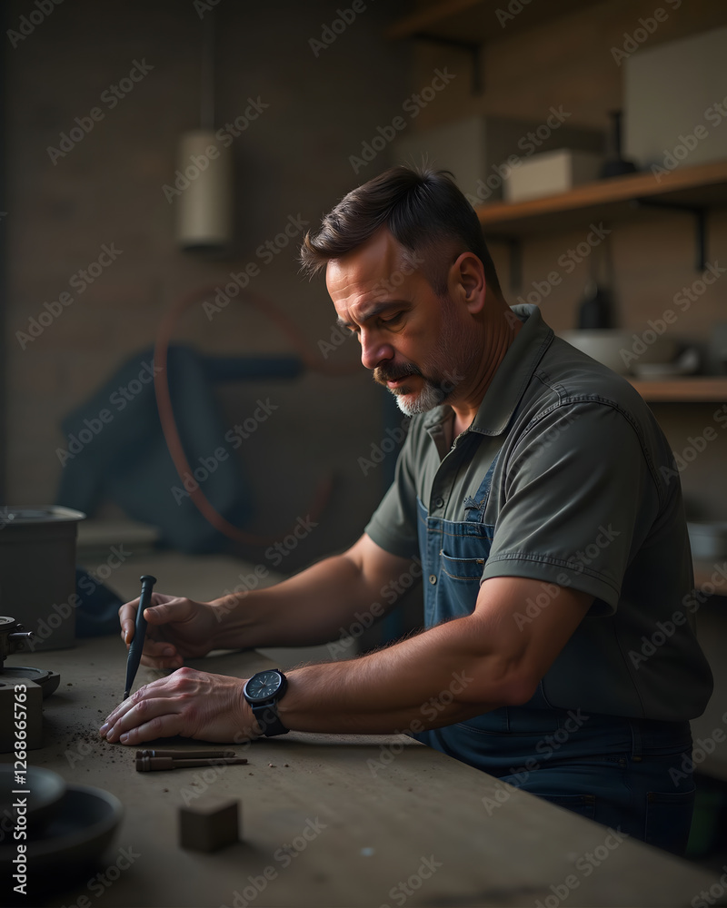 Adult Caucasian man crafting pottery with tool, artisan skill Adult Caucasian man crafting pottery with tool, artisan skill