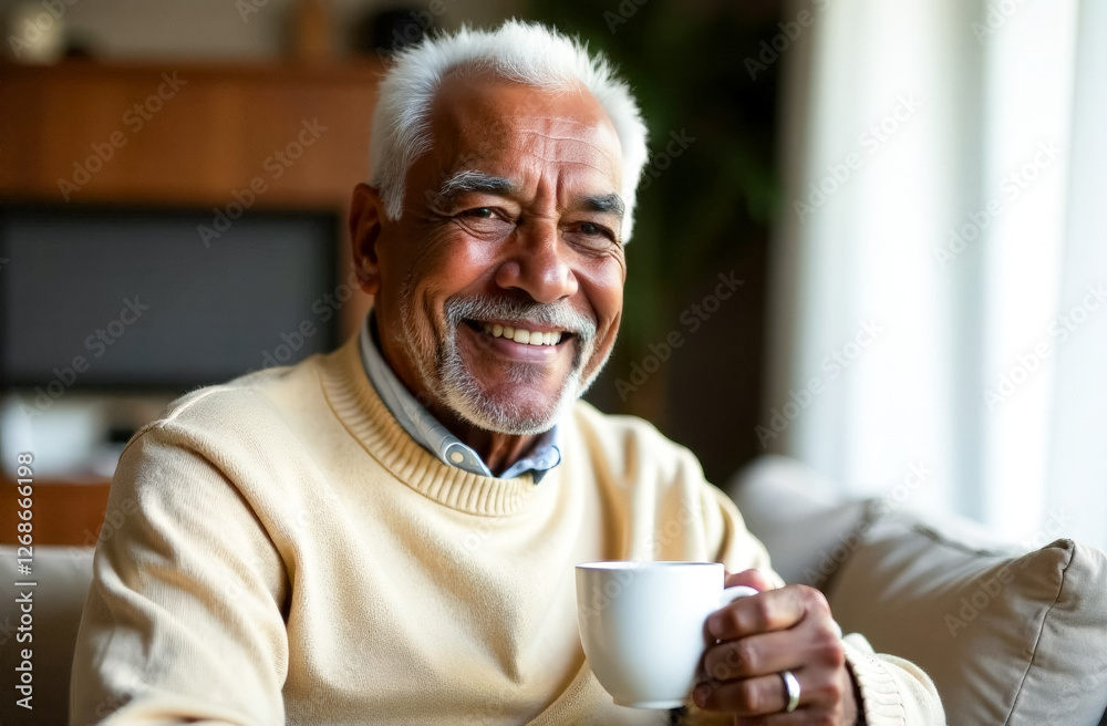 Portrait of an elderly smiling man with a white cup in his hand against the backdrop of home comfort. Portrait of an elderly smiling man with a white cup in his hand against the backdrop of home comfort.