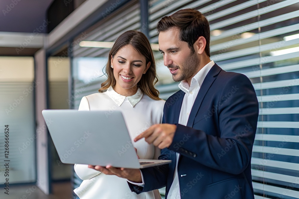 Business professionals collaborating in a modern office with a laptop Business professionals collaborating in a modern office with a laptop