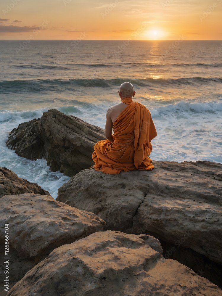 Serene Dawn Meditation: Buddhist Monk Overlooking the Ocean Serene Dawn Meditation: Buddhist Monk Overlooking the Ocean