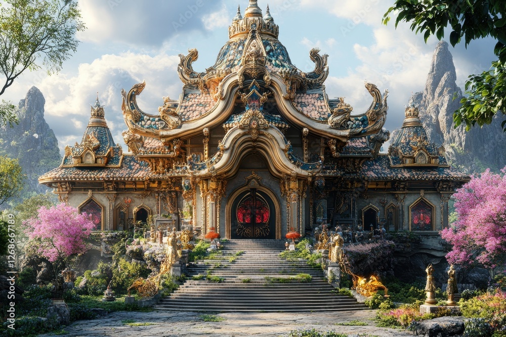 Fototapeta premium Stunning ancient temple surrounded by lush greenery and mountain peaks during bright daylight