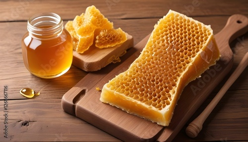 Yellow Honey and Honeycomb slice on a wooden table
