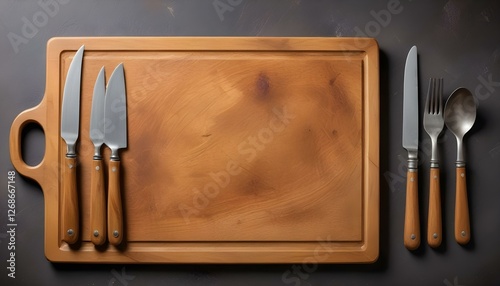 Rustic wooden cutting board and cutlery on rusty stone background