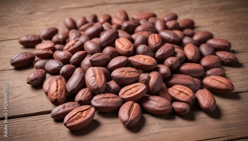 Cocoa beans on a wooden table
